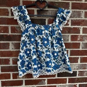 Jennifer G Blue Floral Embroidered Lace Trim Flutter Sleeve Square Neck Top L‎